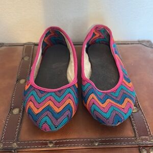 Pink and Orange Zigzag Flats with Rounded Toe